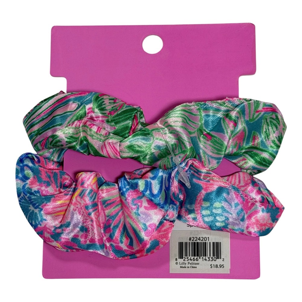Lilly Pulitzer Satin Scrunchie Set of 2 Pink Green Blue Floral Hair Ties NWT - Picture 2 of 2